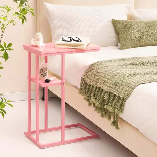 Yoobure C Shaped EndSide Table for Couch and Bed Small Spaces Living Room Bedroom Rustic Snack TablePink