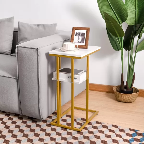 Yoobure C Table End Table Set of 2 Side Tables Living Room C Shaped Side Table Couch Tables That Slide Under Couch Table with Metal Frame Rustic Snack Table for BedroomSmall Spaces Large DesktopMarble White