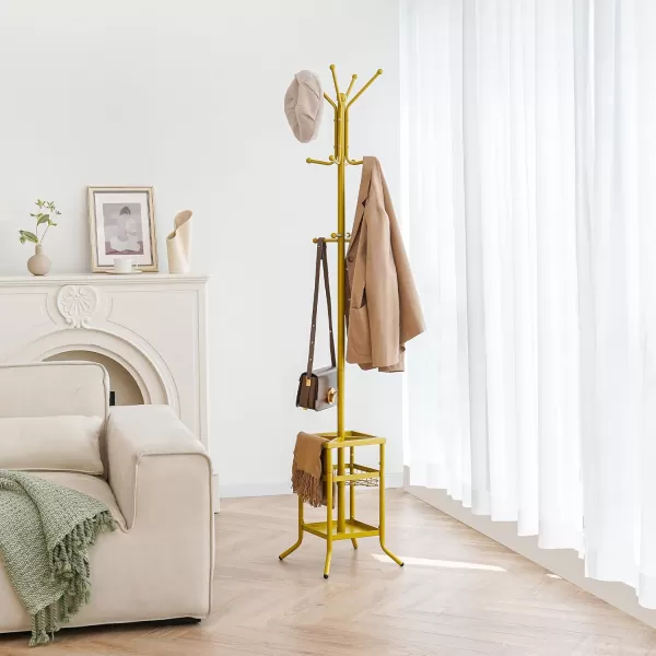 Yoobure Coat Rack Freestanding Coat Tree with Umbrella Holder Metal Coat Rack Stand with 12 Hooks Modern Coat Hanger Stand for Entryway Purse Rack Hat Rack Stand for Living Room Bedroom OfficeGold
