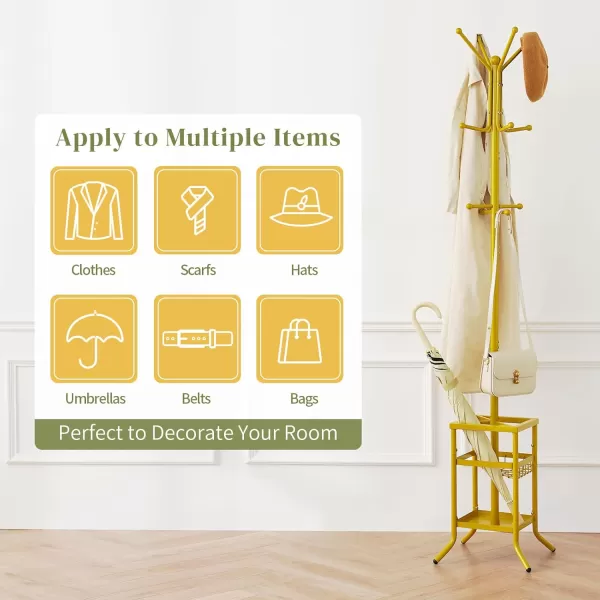Yoobure Coat Rack Freestanding Coat Tree with Umbrella Holder Metal Coat Rack Stand with 12 Hooks Modern Coat Hanger Stand for Entryway Purse Rack Hat Rack Stand for Living Room Bedroom OfficeGold