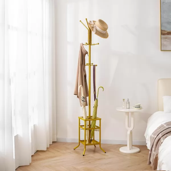 Yoobure Coat Rack Freestanding Coat Tree with Umbrella Holder Metal Coat Rack Stand with 12 Hooks Modern Coat Hanger Stand for Entryway Purse Rack Hat Rack Stand for Living Room Bedroom OfficeGold