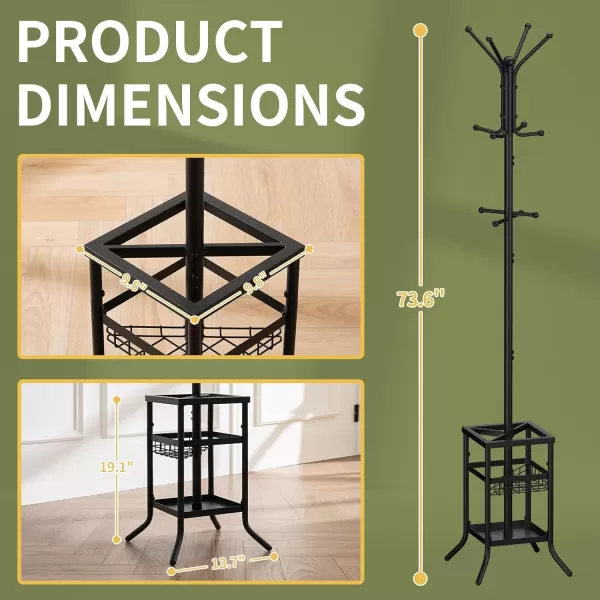Yoobure Coat Rack Freestanding Coat Tree with Umbrella Holder Metal Coat Rack Stand with 12 Hooks Modern Coat Hanger Stand for Entryway Purse Rack Hat Rack Stand for Living Room Bedroom OfficeBlack