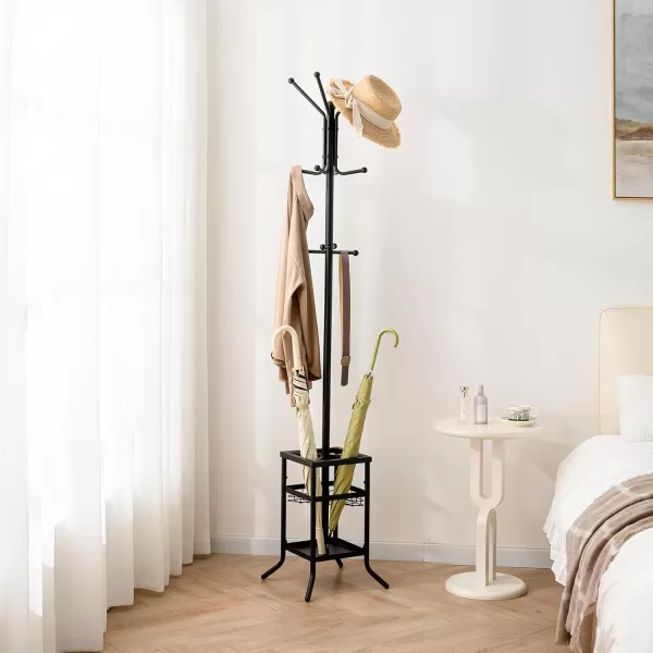 Yoobure Coat Rack Freestanding Coat Tree with Umbrella Holder Metal Coat Rack Stand with 12 Hooks Modern Coat Hanger Stand for Entryway Purse Rack Hat Rack Stand for Living Room Bedroom OfficeBlack