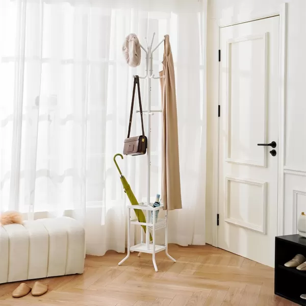 Yoobure Coat Rack Freestanding Coat Tree with Umbrella Holder Metal Coat Rack Stand with 12 Hooks Modern Coat Hanger Stand for Entryway Purse Rack Hat Rack Stand for Living Room Bedroom OfficeWhite