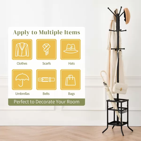 Yoobure Coat Rack Freestanding Coat Tree with Umbrella Holder Metal Coat Rack Stand with 12 Hooks Modern Coat Hanger Stand for Entryway Purse Rack Hat Rack Stand for Living Room Bedroom OfficeBlack