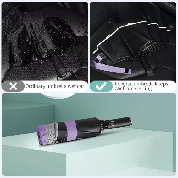 Yoobure Inverted Travel Umbrella Automatic Umbrellas for Rain Windproof Compact Umbrella with Reflective Stripe Folding Sun Umbrella UV Umbrella Portable Large Umbrella for Backpack LightweightPurple