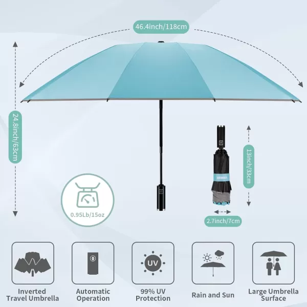 Yoobure Inverted Travel Umbrella Automatic Umbrellas for Rain Windproof Compact Umbrella with Reflective Stripe Folding Sun Umbrella UV Umbrella Portable Large Umbrella for Backpack LightweightSky Blue