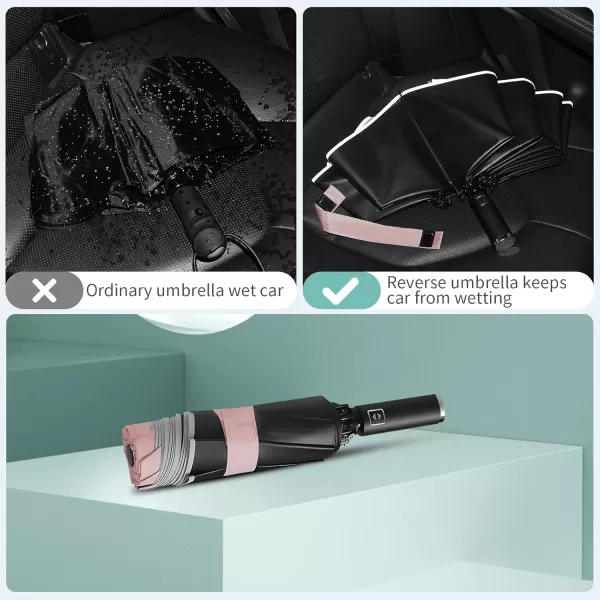 Yoobure Inverted Travel Umbrella Automatic Umbrellas for Rain Windproof Compact Umbrella with Reflective Stripe Folding Sun Umbrella UV Umbrella Portable Large Umbrella for Backpack LightweightPink