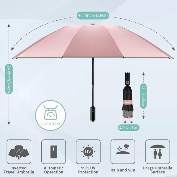Yoobure Inverted Travel Umbrella Automatic Umbrellas for Rain Windproof Compact Umbrella with Reflective Stripe Folding Sun Umbrella UV Umbrella Portable Large Umbrella for Backpack LightweightPink