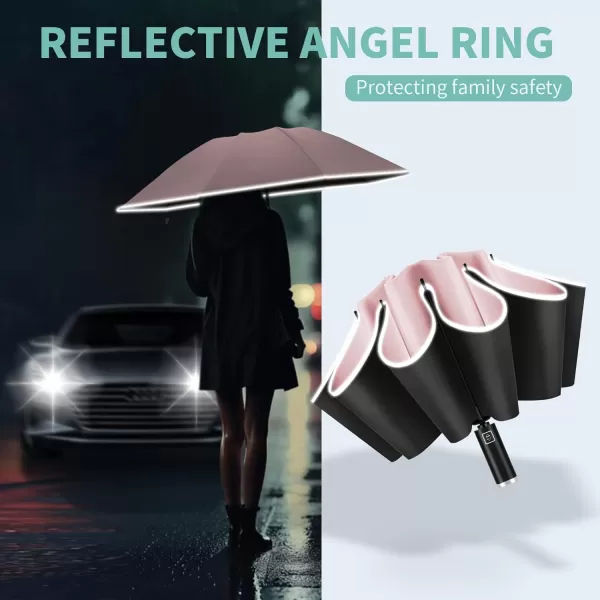 Yoobure Inverted Travel Umbrella Automatic Umbrellas for Rain Windproof Compact Umbrella with Reflective Stripe Folding Sun Umbrella UV Umbrella Portable Large Umbrella for Backpack LightweightPink