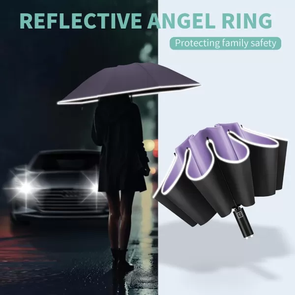 Yoobure Inverted Travel Umbrella Automatic Umbrellas for Rain Windproof Compact Umbrella with Reflective Stripe Folding Sun Umbrella UV Umbrella Portable Large Umbrella for Backpack LightweightPurple