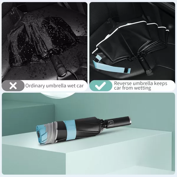 Yoobure Inverted Travel Umbrella Automatic Umbrellas for Rain Windproof Compact Umbrella with Reflective Stripe Folding Sun Umbrella UV Umbrella Portable Large Umbrella for Backpack LightweightSky Blue