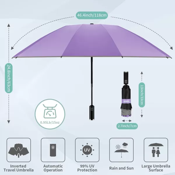 Yoobure Inverted Travel Umbrella Automatic Umbrellas for Rain Windproof Compact Umbrella with Reflective Stripe Folding Sun Umbrella UV Umbrella Portable Large Umbrella for Backpack LightweightPurple
