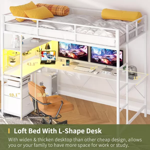 Yoobure Loft Bed Twin Size with Desk Metal Twin Loft Bed Frame with Charging Station ampamp Safety Guard LED Loft Beds with 2 Storage Drawers for Kid Junior Adult Heavy Duty SpaceSaving WhiteWhite