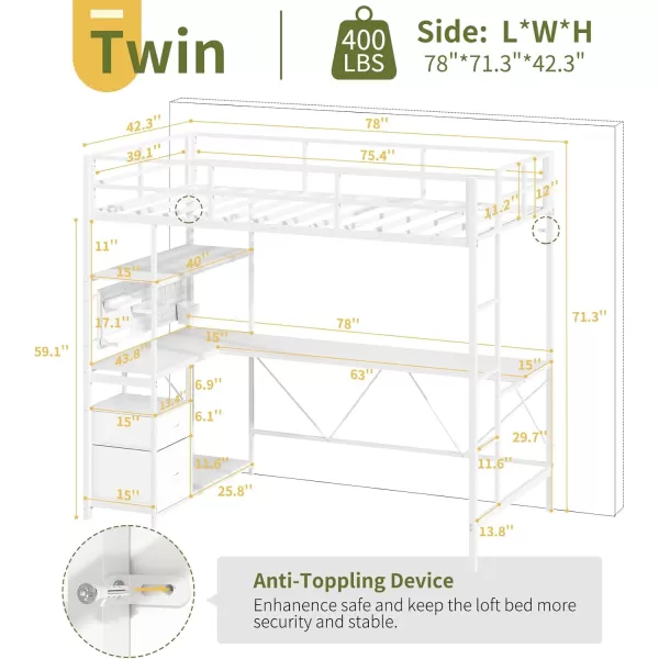 Yoobure Loft Bed Twin Size with Desk Metal Twin Loft Bed Frame with Charging Station ampamp Safety Guard LED Loft Beds with 2 Storage Drawers for Kid Junior Adult Heavy Duty SpaceSaving WhiteWhite