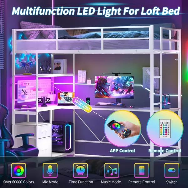 Yoobure Loft Bed Twin Size with Desk Metal Twin Loft Bed Frame with Charging Station ampamp Safety Guard LED Loft Beds with 2 Storage Drawers for Kid Junior Adult Heavy Duty SpaceSaving WhiteWhite