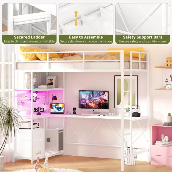 Yoobure Loft Bed Twin Size with Desk Metal Twin Loft Bed Frame with Charging Station ampamp Safety Guard LED Loft Beds with 2 Storage Drawers for Kid Junior Adult Heavy Duty SpaceSaving WhiteWhite