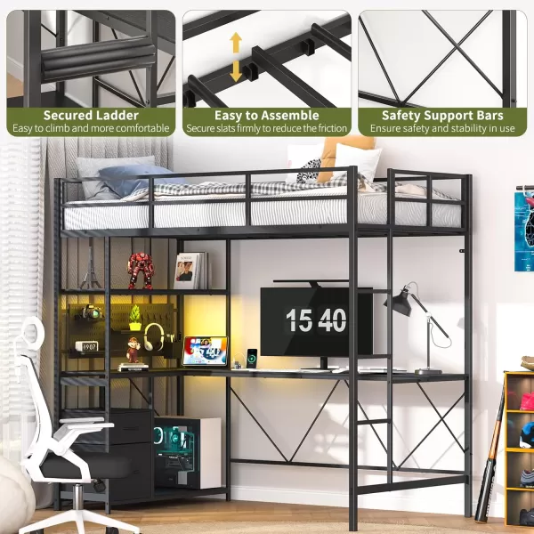 Yoobure Loft Bed Twin Size with Desk Metal Twin Loft Bed Frame with Charging Station ampamp Safety Guard LED Loft Beds with 2 Storage Drawers for Kid Junior Adult Heavy Duty SpaceSaving WhiteBlack
