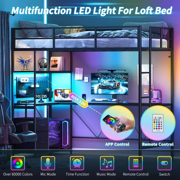Yoobure Loft Bed Twin Size with Desk Metal Twin Loft Bed Frame with Charging Station ampamp Safety Guard LED Loft Beds with 2 Storage Drawers for Kid Junior Adult Heavy Duty SpaceSaving WhiteBlack