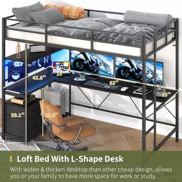 Yoobure Loft Bed Twin Size with Desk Metal Twin Loft Bed Frame with Charging Station ampamp Safety Guard LED Loft Beds with 2 Storage Drawers for Kid Junior Adult Heavy Duty SpaceSaving WhiteBlack