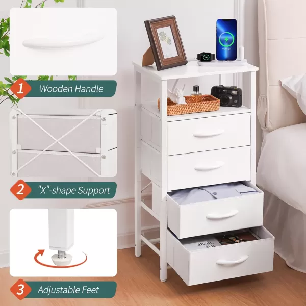 Yoobure Night Stand  LED Nightstand with Charging Station Bedside Table with 4 Fabric Storage Drawers and Storage Shelf End Table with USB Ports and Outlets Tall Dresser for BedroomWhite