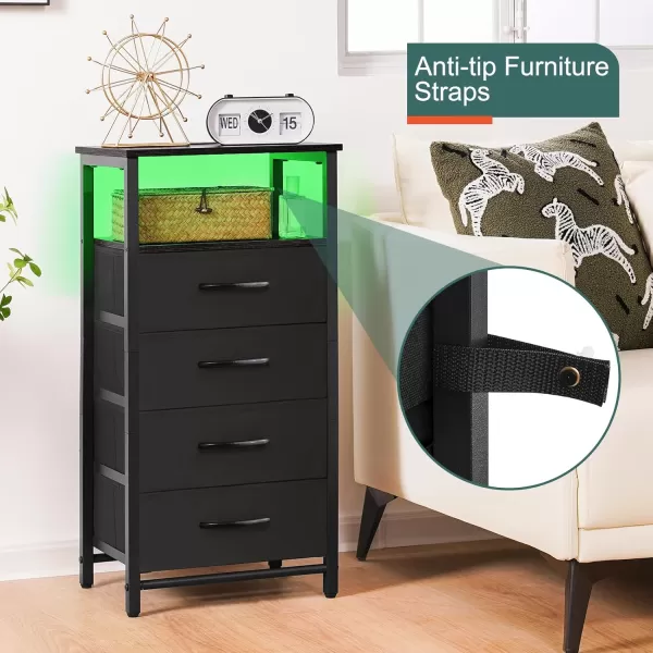 Yoobure Night Stand  LED Nightstand with Charging Station Bedside Table with 4 Fabric Storage Drawers and Storage Shelf End Table with USB Ports and Outlets Tall Dresser for BedroomBlack