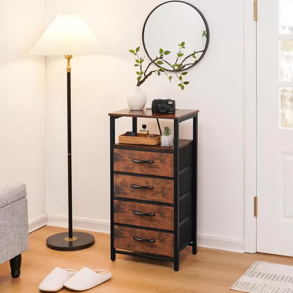 Yoobure Night Stand  LED Nightstand with Charging Station Bedside Table with 4 Fabric Storage Drawers and Storage Shelf End Table with USB Ports and Outlets Tall Dresser for BedroomRustic Brown