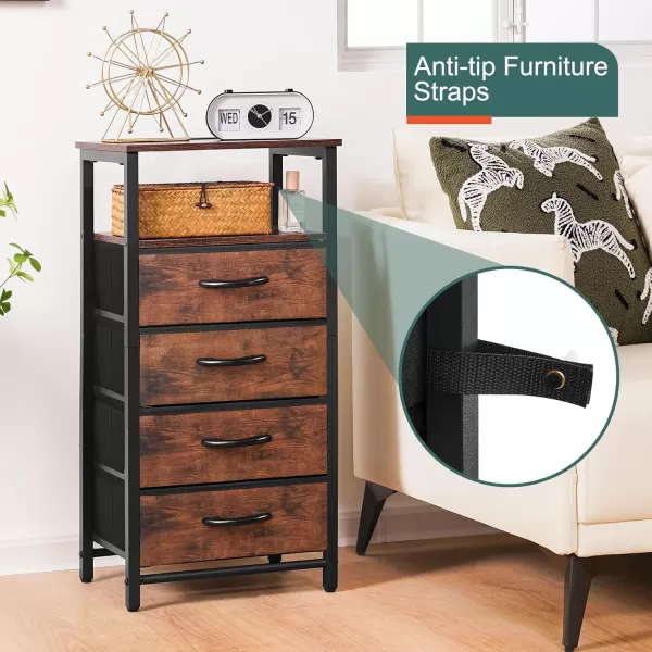 Yoobure Night Stand  LED Nightstand with Charging Station Bedside Table with 4 Fabric Storage Drawers and Storage Shelf End Table with USB Ports and Outlets Tall Dresser for BedroomRustic Brown