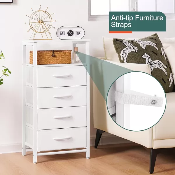 Yoobure Night Stand  LED Nightstand with Charging Station Bedside Table with 4 Fabric Storage Drawers and Storage Shelf End Table with USB Ports and Outlets Tall Dresser for BedroomWhite