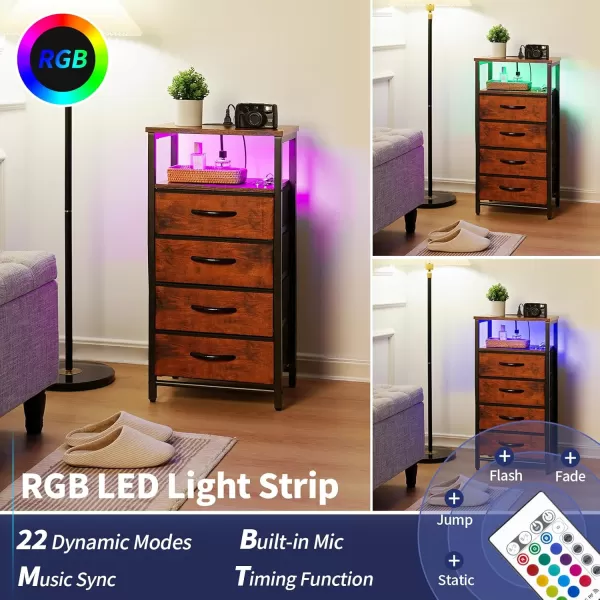 Yoobure Night Stand  LED Nightstand with Charging Station Bedside Table with 4 Fabric Storage Drawers and Storage Shelf End Table with USB Ports and Outlets Tall Dresser for BedroomRustic Brown