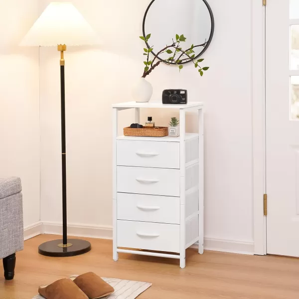 Yoobure Night Stand  LED Nightstand with Charging Station Bedside Table with 4 Fabric Storage Drawers and Storage Shelf End Table with USB Ports and Outlets Tall Dresser for BedroomWhite