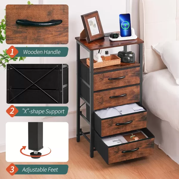 Yoobure Night Stand  LED Nightstand with Charging Station Bedside Table with 4 Fabric Storage Drawers and Storage Shelf End Table with USB Ports and Outlets Tall Dresser for BedroomRustic Brown