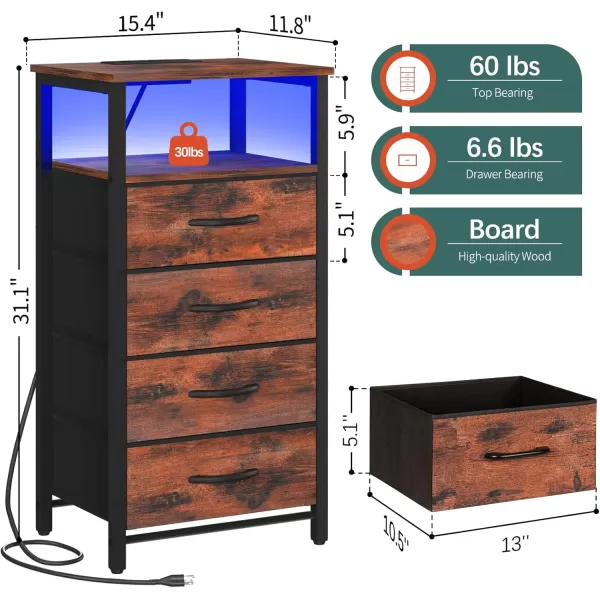 Yoobure Night Stand  LED Nightstand with Charging Station Bedside Table with 4 Fabric Storage Drawers and Storage Shelf End Table with USB Ports and Outlets Tall Dresser for BedroomRustic Brown
