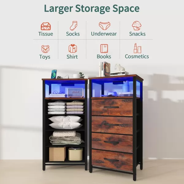 Yoobure Night Stand  LED Nightstand with Charging Station Bedside Table with 4 Fabric Storage Drawers and Storage Shelf End Table with USB Ports and Outlets Tall Dresser for BedroomRustic Brown
