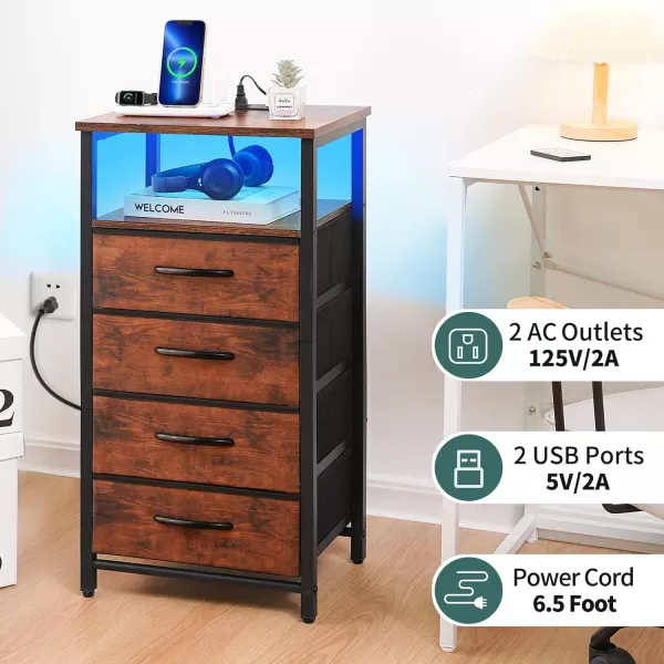 Yoobure Night Stand  LED Nightstand with Charging Station Bedside Table with 4 Fabric Storage Drawers and Storage Shelf End Table with USB Ports and Outlets Tall Dresser for BedroomRustic Brown