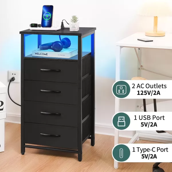 Yoobure Night Stand  LED Nightstand with Charging Station Bedside Table with 4 Fabric Storage Drawers and Storage Shelf End Table with USB Ports and Outlets Tall Dresser for BedroomBlack