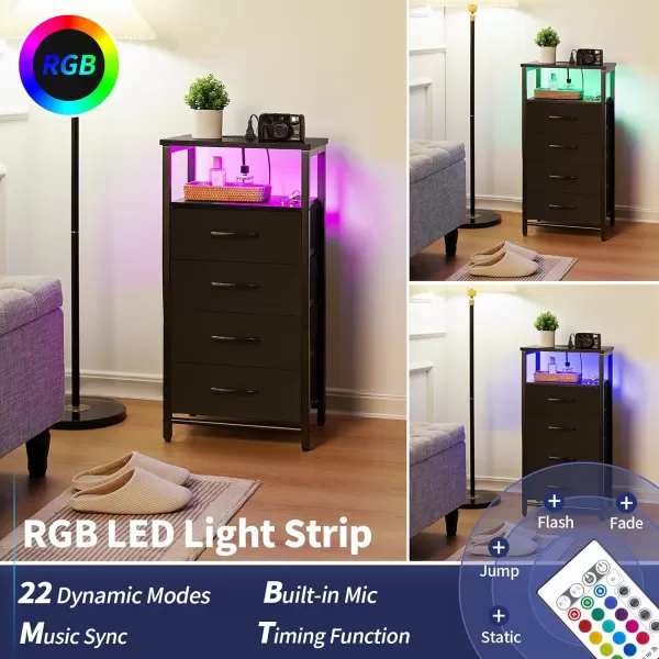 Yoobure Night Stand  LED Nightstand with Charging Station Bedside Table with 4 Fabric Storage Drawers and Storage Shelf End Table with USB Ports and Outlets Tall Dresser for BedroomBlack