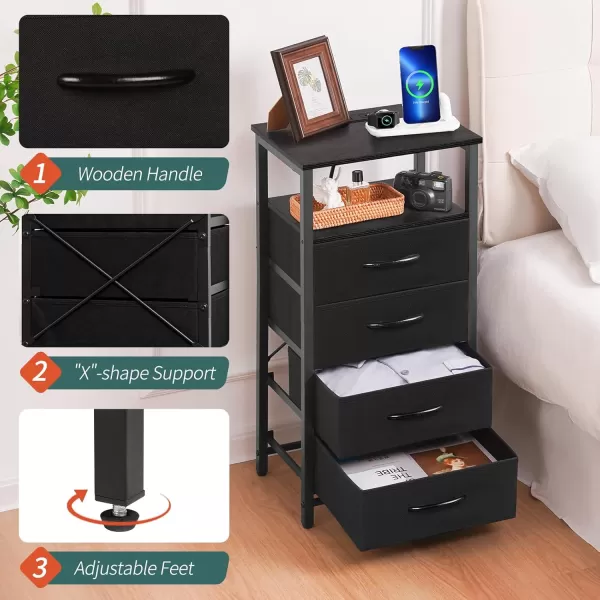 Yoobure Night Stand  LED Nightstand with Charging Station Bedside Table with 4 Fabric Storage Drawers and Storage Shelf End Table with USB Ports and Outlets Tall Dresser for BedroomBlack