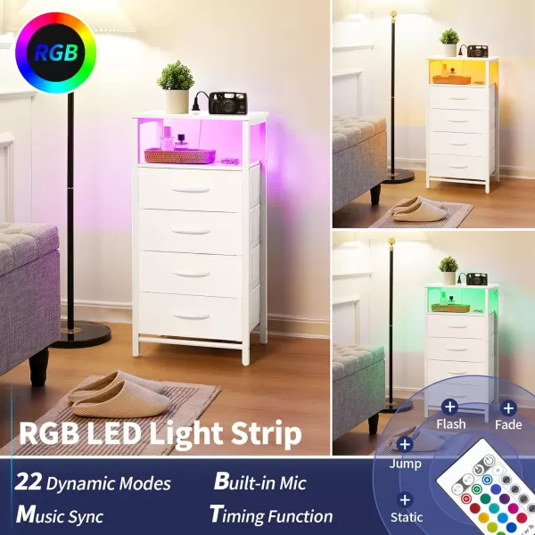 Yoobure Night Stand  LED Nightstand with Charging Station Bedside Table with 4 Fabric Storage Drawers and Storage Shelf End Table with USB Ports and Outlets Tall Dresser for BedroomWhite