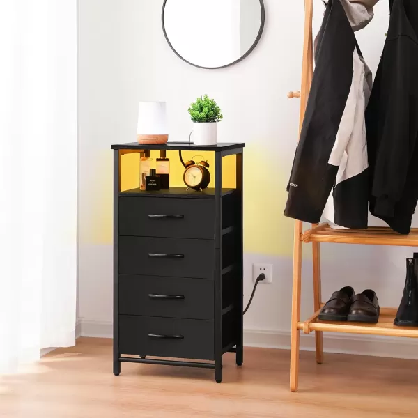 Yoobure Night Stand  LED Nightstand with Charging Station Bedside Table with 4 Fabric Storage Drawers and Storage Shelf End Table with USB Ports and Outlets Tall Dresser for BedroomBlack