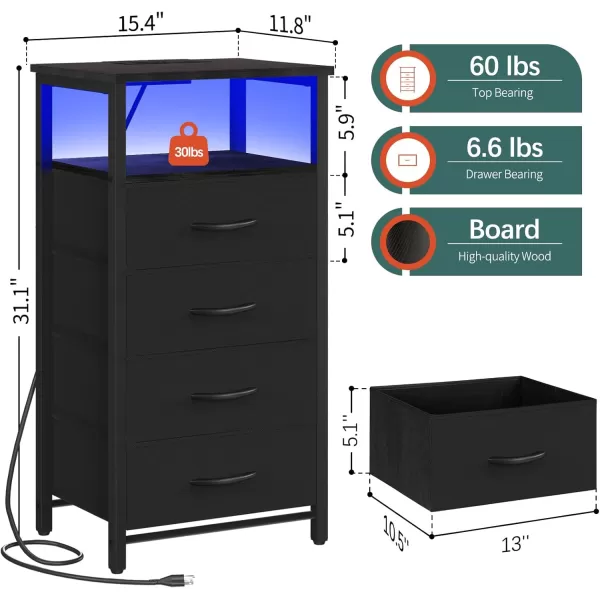 Yoobure Night Stand  LED Nightstand with Charging Station Bedside Table with 4 Fabric Storage Drawers and Storage Shelf End Table with USB Ports and Outlets Tall Dresser for BedroomBlack