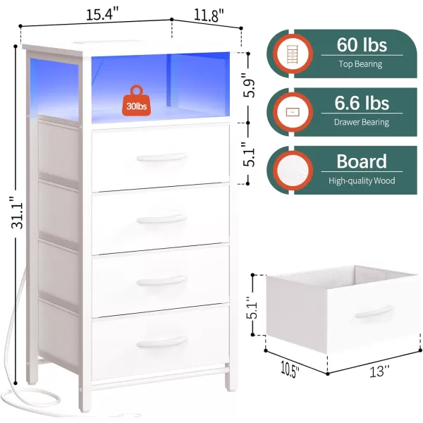 Yoobure Night Stand  LED Nightstand with Charging Station Bedside Table with 4 Fabric Storage Drawers and Storage Shelf End Table with USB Ports and Outlets Tall Dresser for BedroomWhite