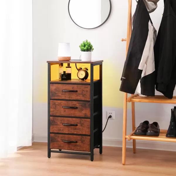 Yoobure Night Stand  LED Nightstand with Charging Station Bedside Table with 4 Fabric Storage Drawers and Storage Shelf End Table with USB Ports and Outlets Tall Dresser for BedroomRustic Brown