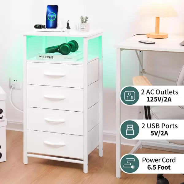 Yoobure Night Stand  LED Nightstand with Charging Station Bedside Table with 4 Fabric Storage Drawers and Storage Shelf End Table with USB Ports and Outlets Tall Dresser for BedroomWhite