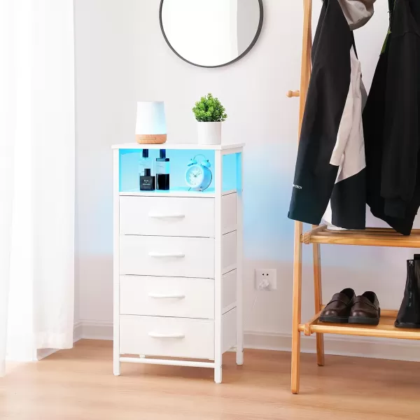 Yoobure Night Stand  LED Nightstand with Charging Station Bedside Table with 4 Fabric Storage Drawers and Storage Shelf End Table with USB Ports and Outlets Tall Dresser for BedroomWhite