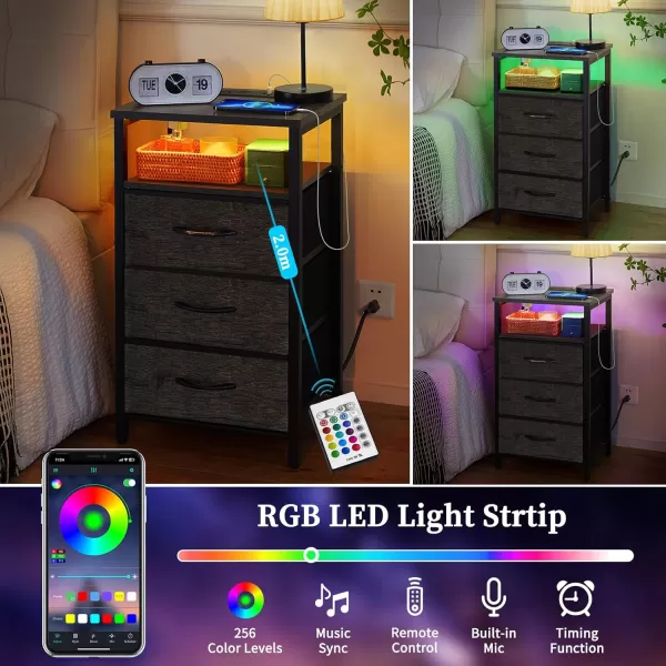 Yoobure Night Stand with Charging Station 16 Colors LED Nightstand with USB Ports and Outlets End Table with 3 Fabric Drawers and Storage Shelf Bedside Tables Small Dresser for Small Space BrownGrey