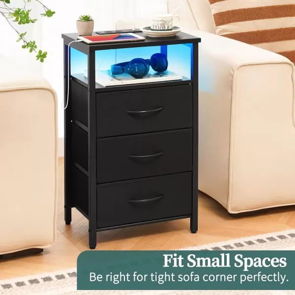Yoobure Night Stand with Charging Station 16 Colors LED Nightstand with USB Ports and Outlets End Table with 3 Fabric Drawers and Storage Shelf Bedside Tables Small Dresser for Small Space BrownBlack