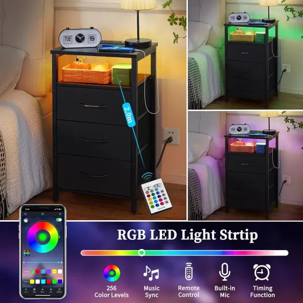 Yoobure Night Stand with Charging Station 16 Colors LED Nightstand with USB Ports and Outlets End Table with 3 Fabric Drawers and Storage Shelf Bedside Tables Small Dresser for Small Space BrownBlack
