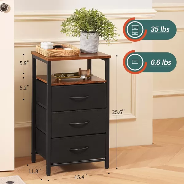 Yoobure Night Stand with Charging Station 16 Colors LED Nightstand with USB Ports and Outlets End Table with 3 Fabric Drawers and Storage Shelf Bedside Tables Small Dresser for Small Space BrownBlackbrown