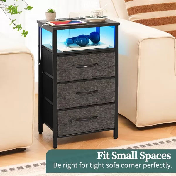 Yoobure Night Stand with Charging Station 16 Colors LED Nightstand with USB Ports and Outlets End Table with 3 Fabric Drawers and Storage Shelf Bedside Tables Small Dresser for Small Space BrownGrey
